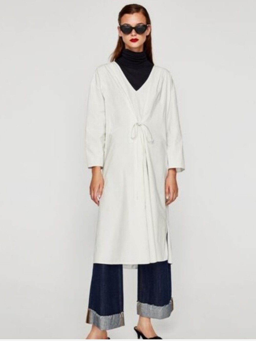 Zara Oversized Off White Shirt Dress Womens Medium Midi Tunic Tie Waist Boho